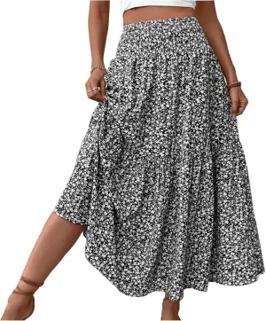 Women's Floral Maxi Skirt Casual Summer Elastic High Waisted Skirts Tiered Flowy Swing A Line Long Skirts with Pockets