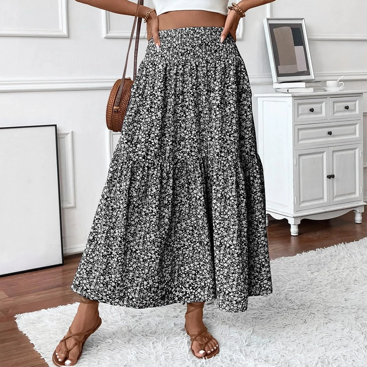 Women's Floral Maxi Skirt Casual Summer Elastic High Waisted Skirts Tiered Flowy Swing A Line Long Skirts with Pockets