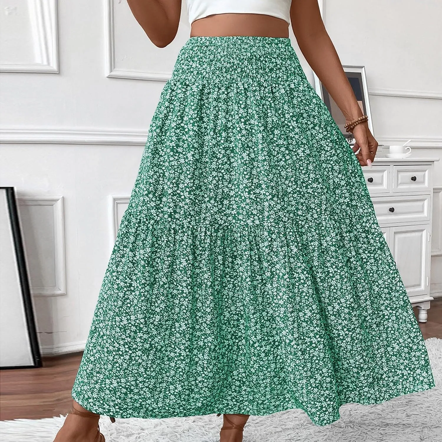 Womens Floral Maxi Skirt Casual Summer Elastic High Waisted Skirts Tiered Flowy Swing A Line Long Skirts with Pockets