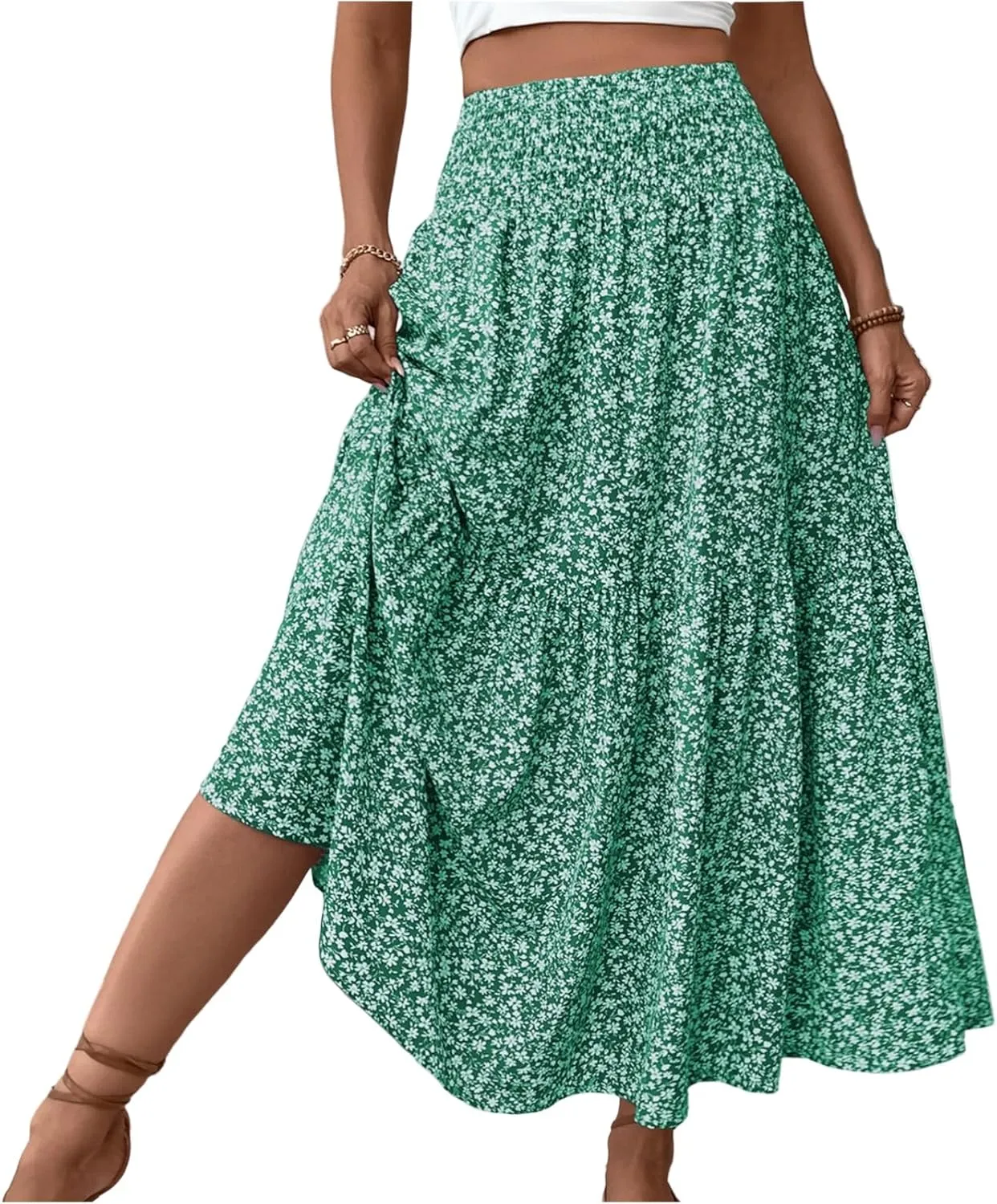 Womens Floral Maxi Skirt Casual Summer Elastic High Waisted Skirts Tiered Flowy Swing A Line Long Skirts with Pockets