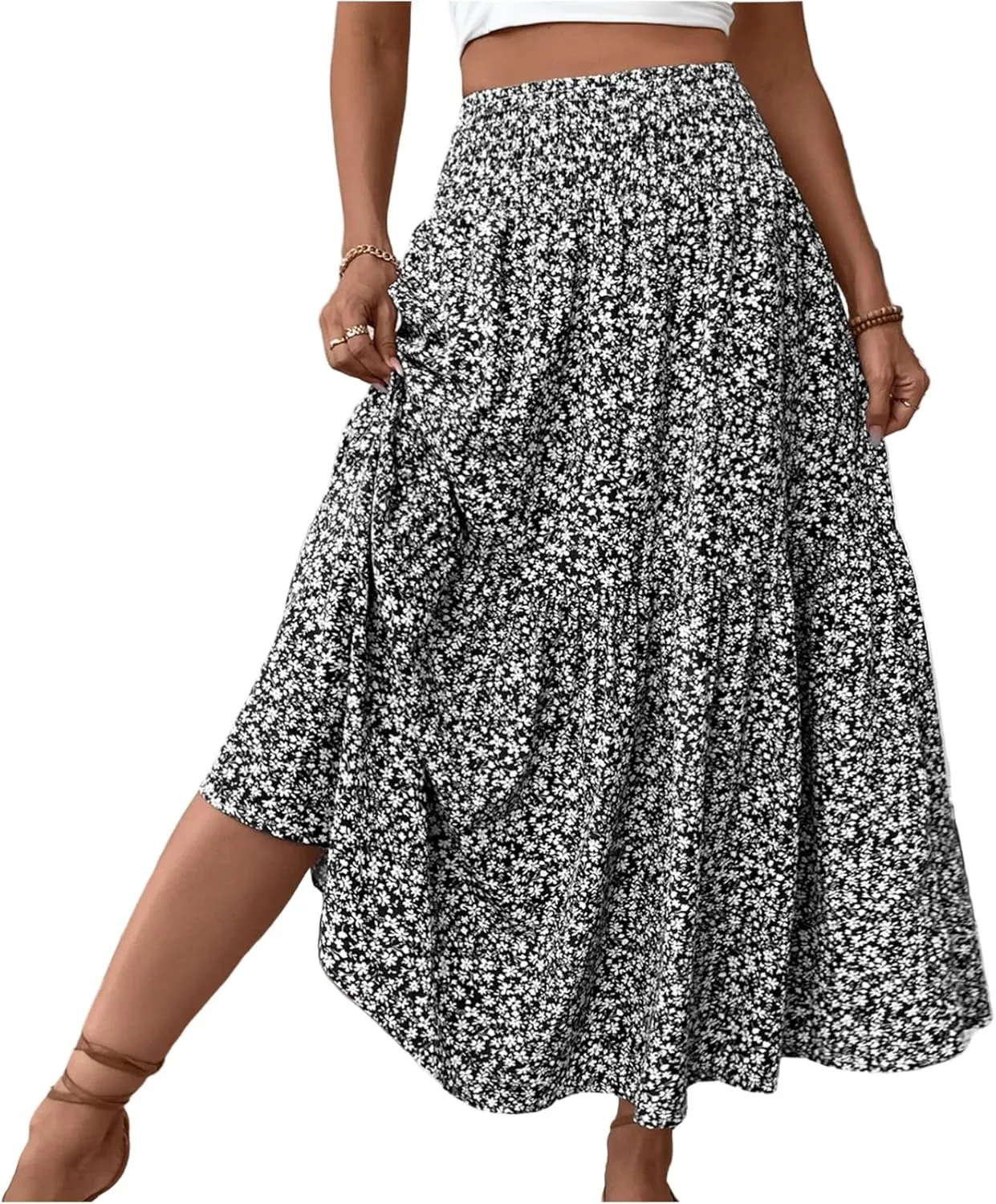 Women's Floral Maxi Skirt Casual Summer Elastic High Waisted Skirts Tiered Flowy Swing A Line Long Skirts with Pockets