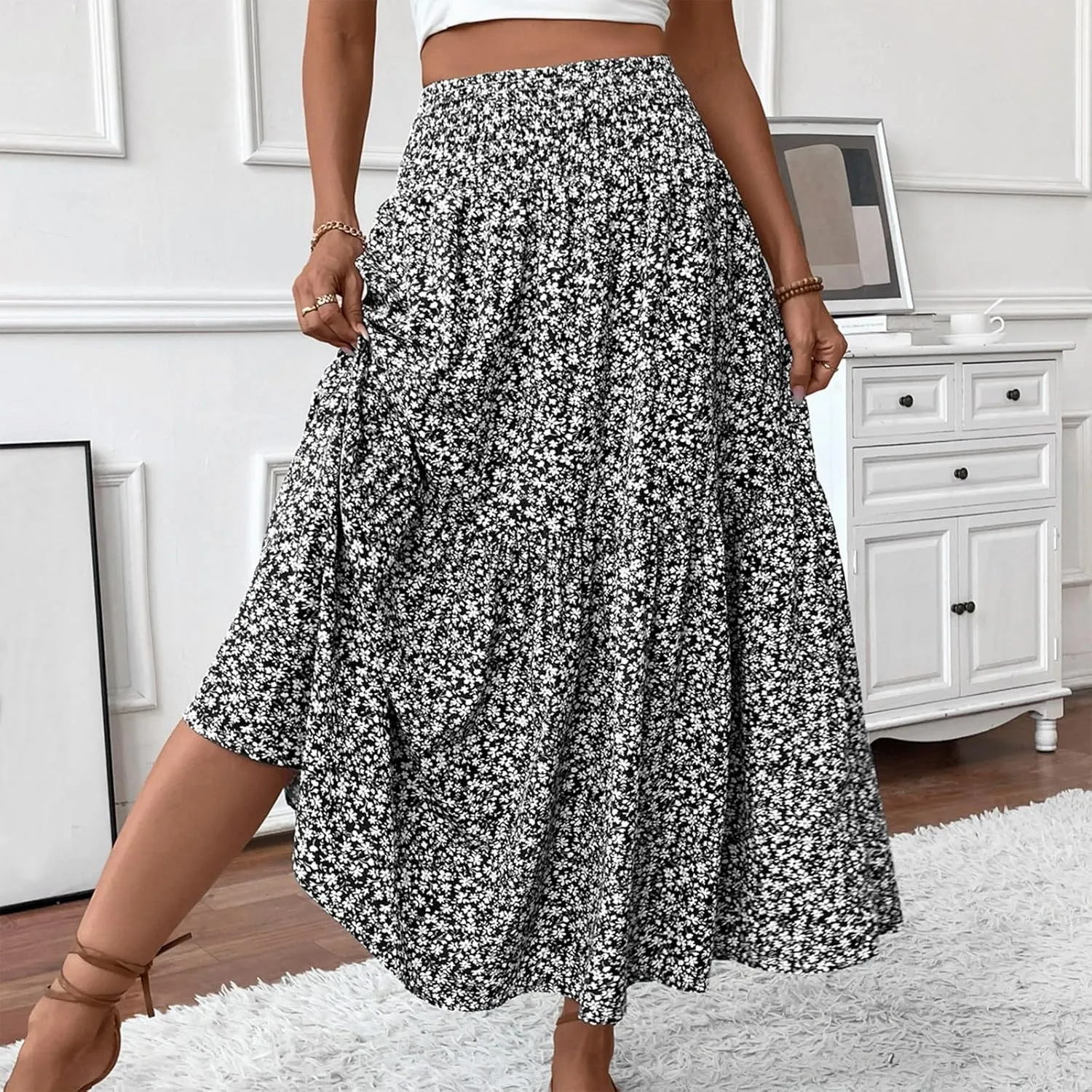 Women's Floral Maxi Skirt Casual Summer Elastic High Waisted Skirts Tiered Flowy Swing A Line Long Skirts with Pockets