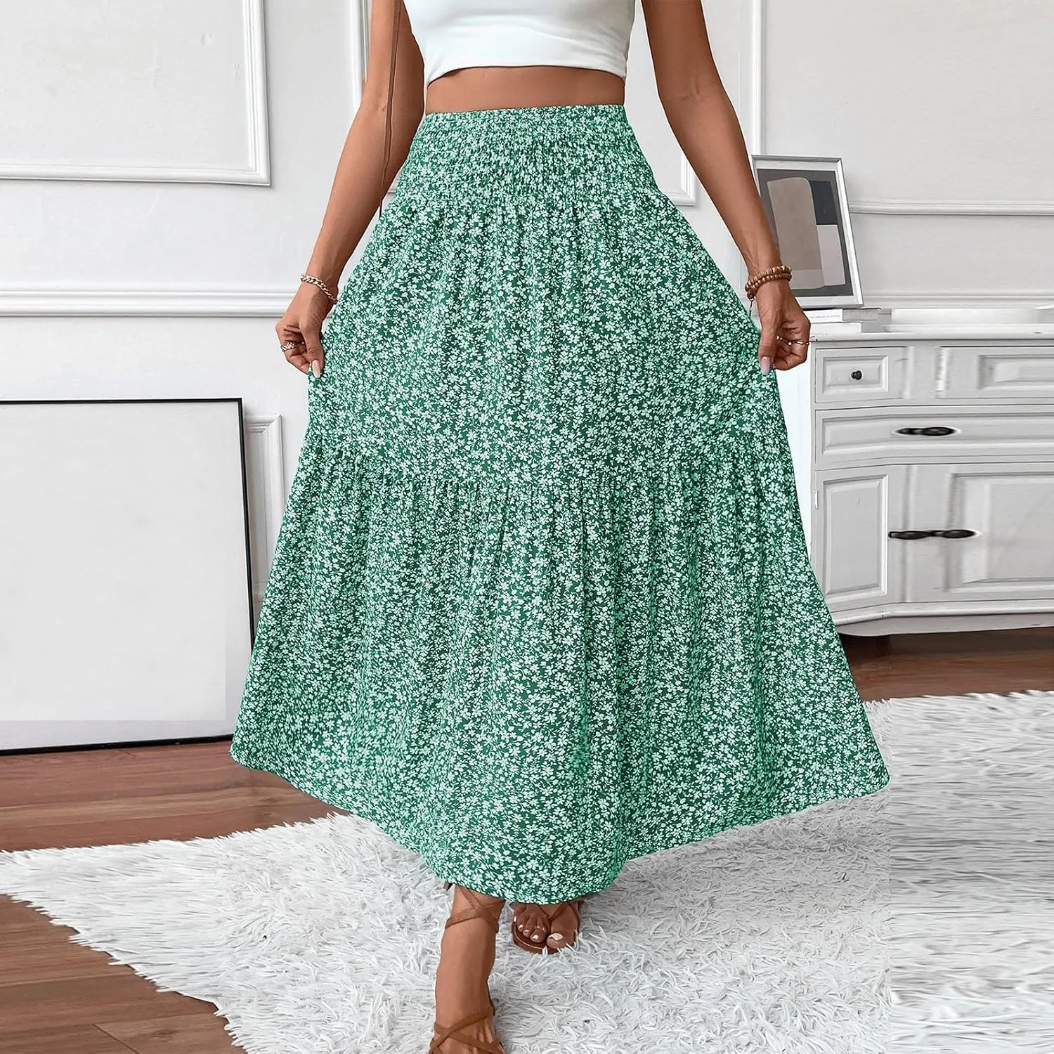 Womens Floral Maxi Skirt Casual Summer Elastic High Waisted Skirts Tiered Flowy Swing A Line Long Skirts with Pockets