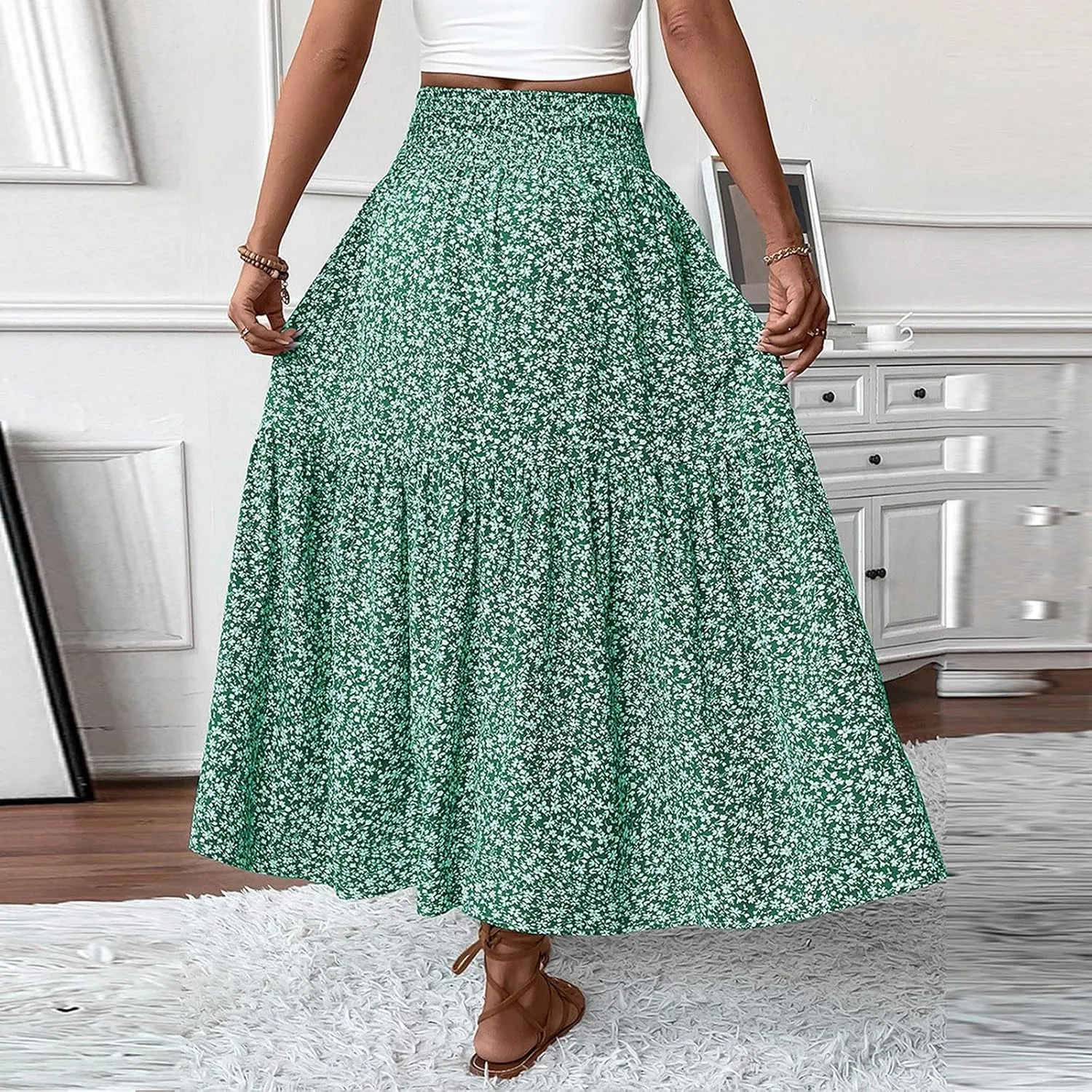 Womens Floral Maxi Skirt Casual Summer Elastic High Waisted Skirts Tiered Flowy Swing A Line Long Skirts with Pockets