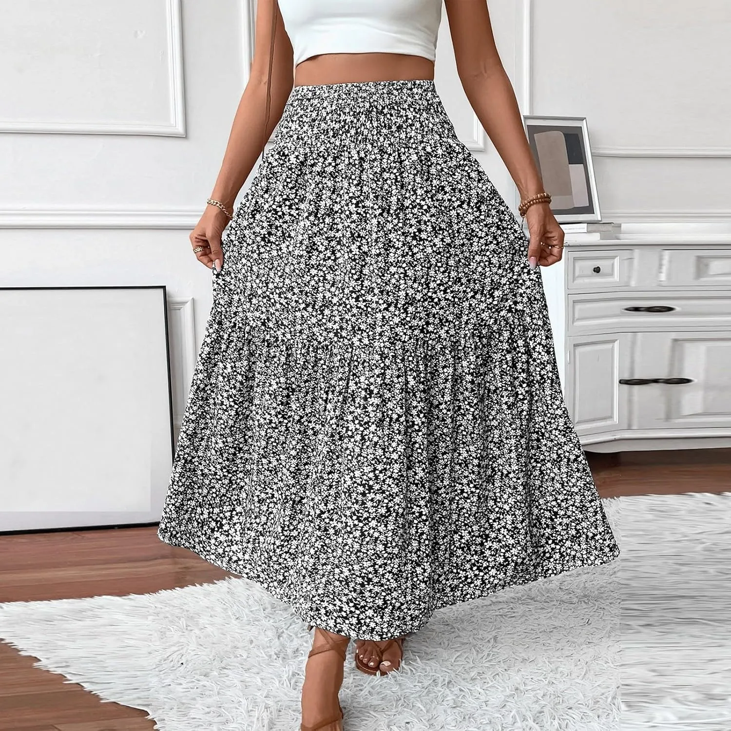 Women's Floral Maxi Skirt Casual Summer Elastic High Waisted Skirts Tiered Flowy Swing A Line Long Skirts with Pockets