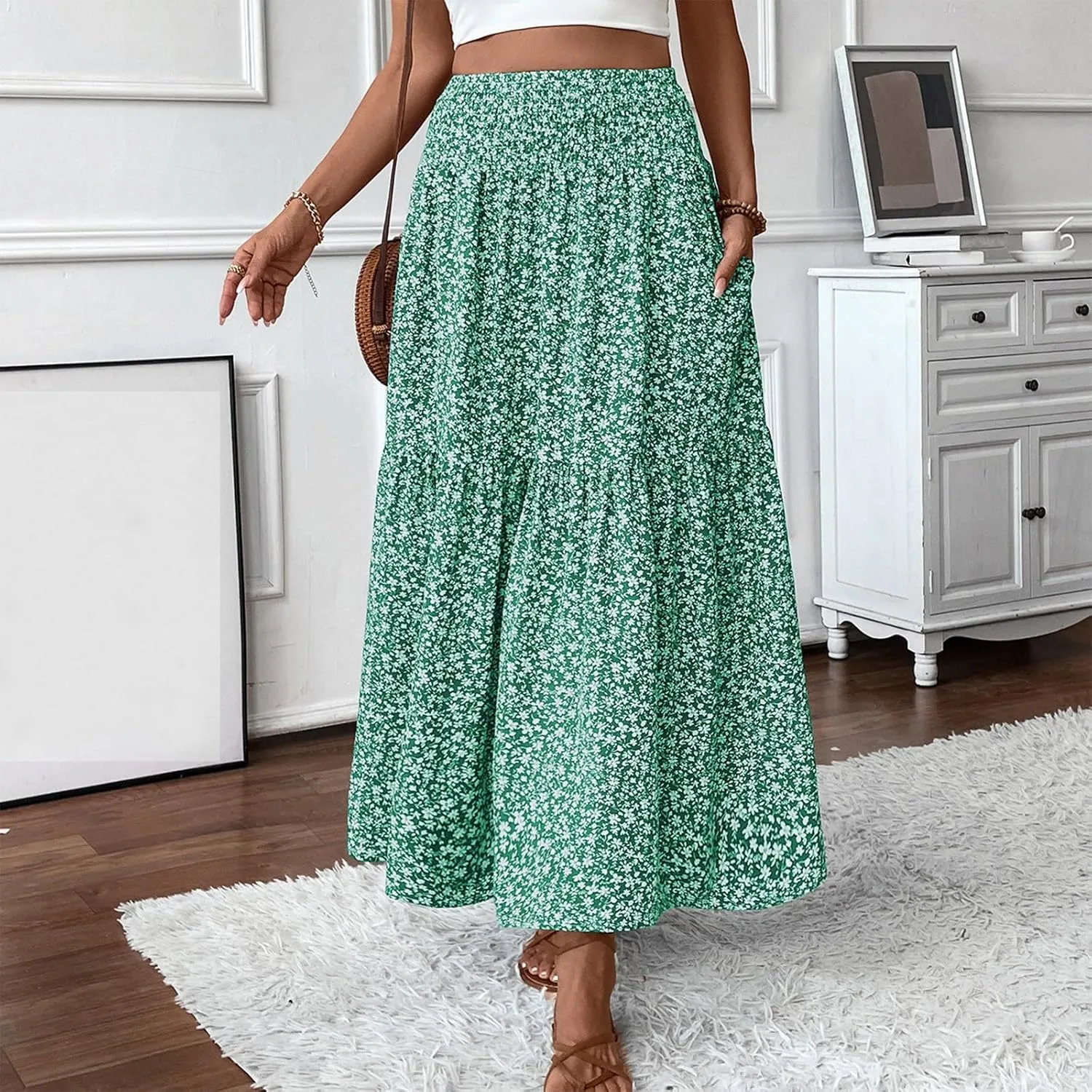 Womens Floral Maxi Skirt Casual Summer Elastic High Waisted Skirts Tiered Flowy Swing A Line Long Skirts with Pockets