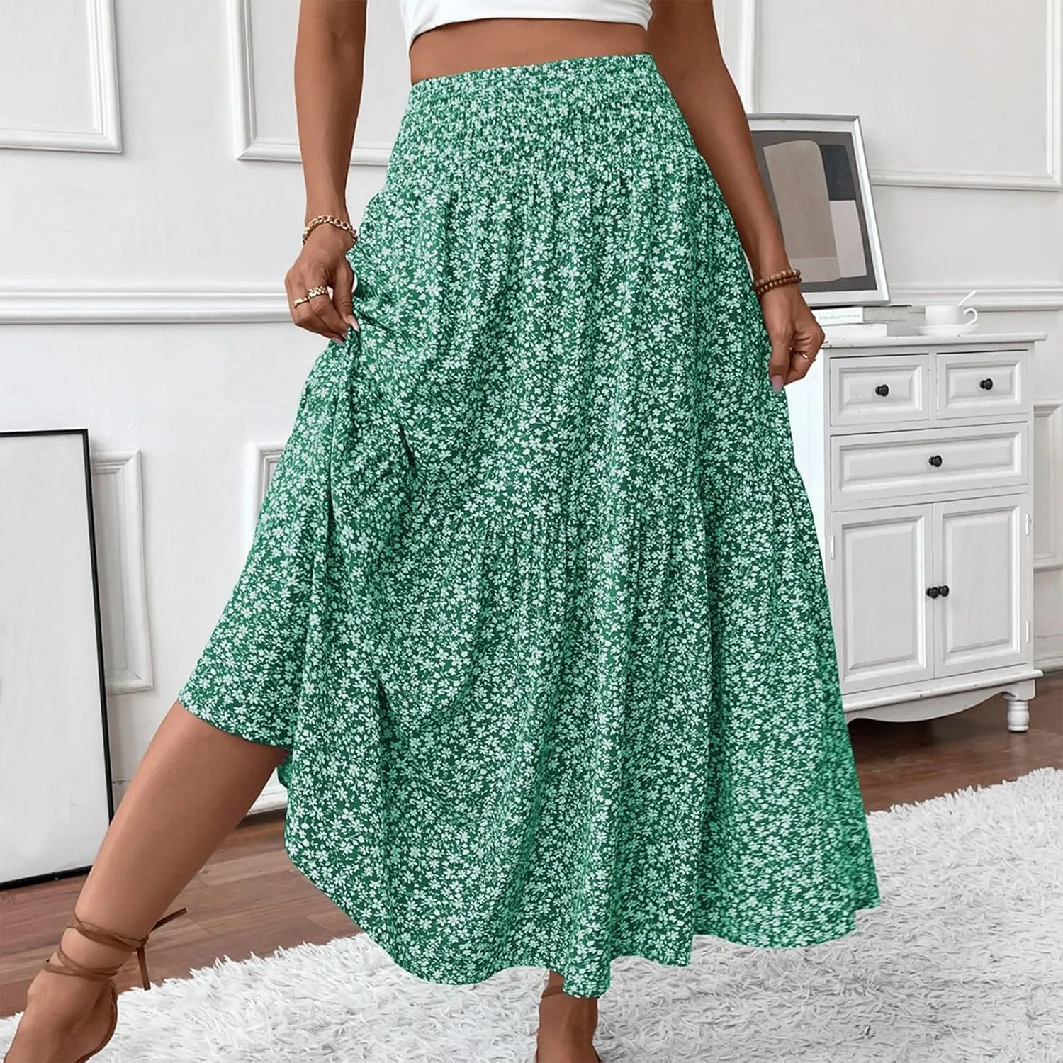 Womens Floral Maxi Skirt Casual Summer Elastic High Waisted Skirts Tiered Flowy Swing A Line Long Skirts with Pockets