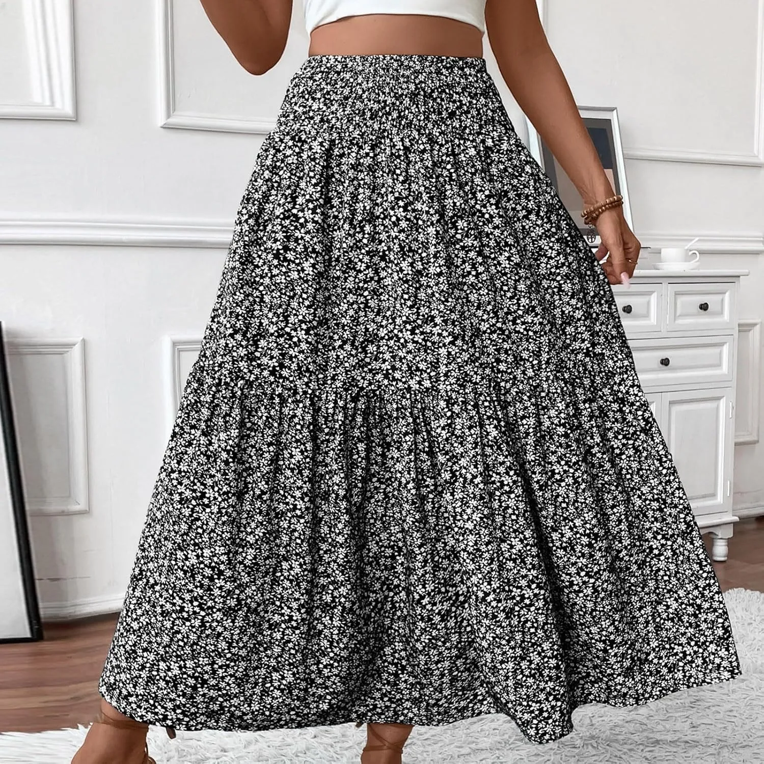 Women's Floral Maxi Skirt Casual Summer Elastic High Waisted Skirts Tiered Flowy Swing A Line Long Skirts with Pockets