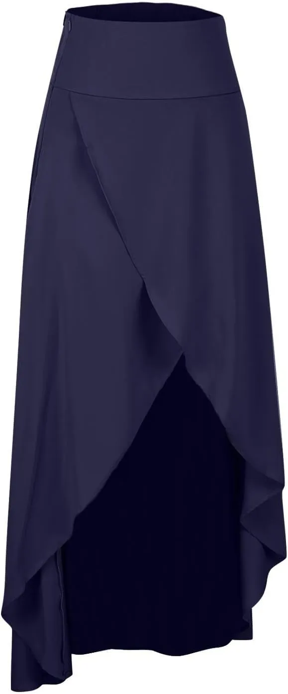 Women's Flowy Long Maxi Skirt Asymmetrical High Low Hem Flared Skirt Casual Slit Wrap Skirt Solid High Waist Skirt