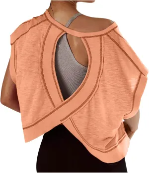 Womens Gym Yoga Tops Backless Casual Fashion Open Back Athletic Shirts Solid Color Running Crop Workout Tee Tops