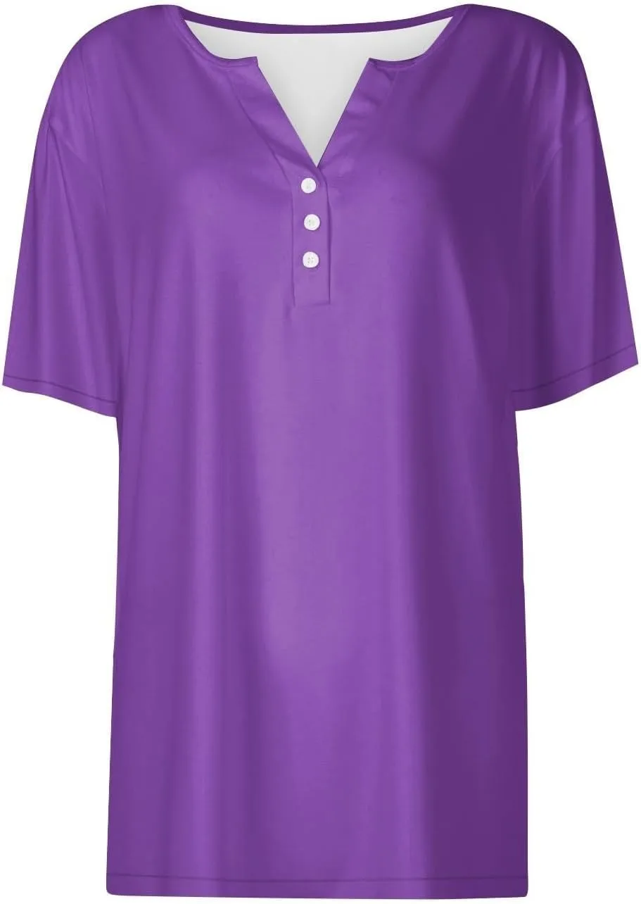 Womens Henley Tops Short Sleeve T-Shirts Button V-Neck Pullover Dressy Casual Blouse Basic Solid Color Tunic Shirt