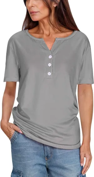 Womens Henley Tops Short Sleeve T-Shirts Button V-Neck Pullover Dressy Casual Blouse Basic Solid Color Tunic Shirt