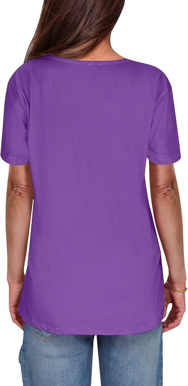 Womens Henley Tops Short Sleeve T-Shirts Button V-Neck Pullover Dressy Casual Blouse Basic Solid Color Tunic Shirt