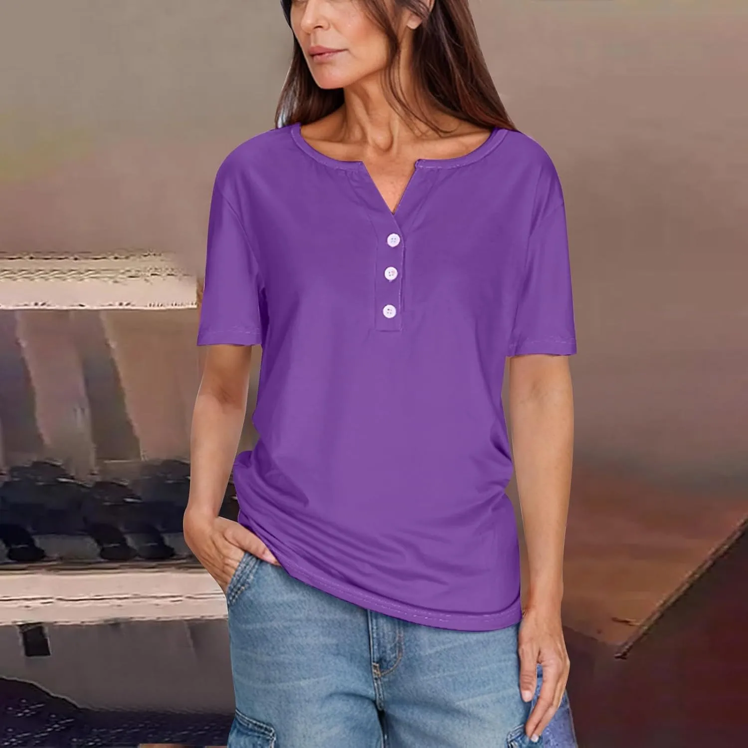 Womens Henley Tops Short Sleeve T-Shirts Button V-Neck Pullover Dressy Casual Blouse Basic Solid Color Tunic Shirt