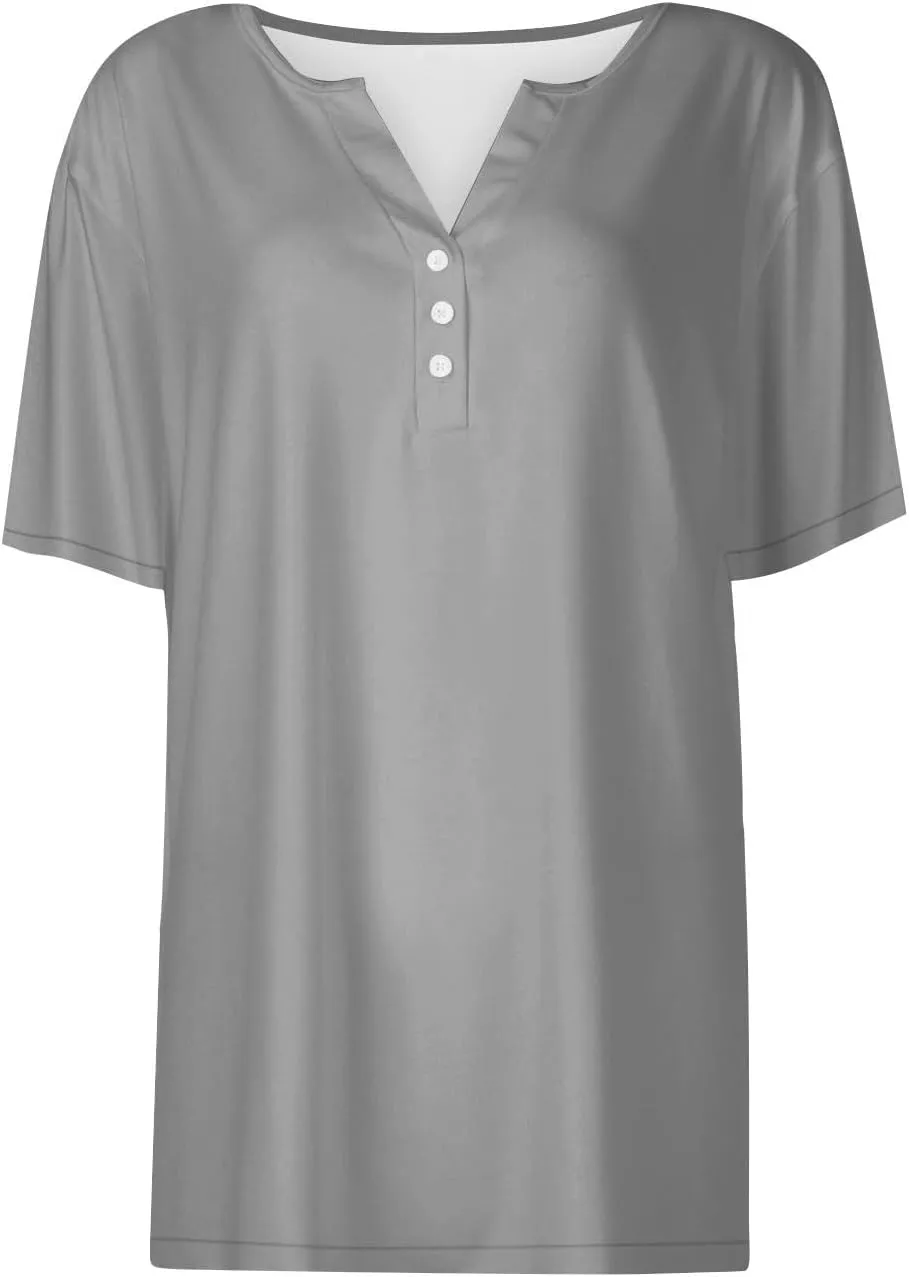 Womens Henley Tops Short Sleeve T-Shirts Button V-Neck Pullover Dressy Casual Blouse Basic Solid Color Tunic Shirt