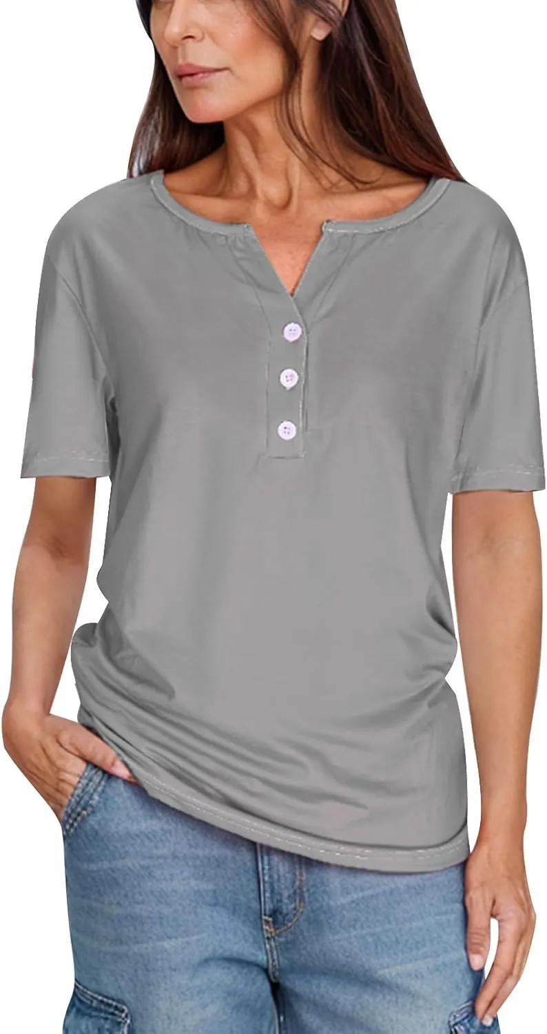 Womens Henley Tops Short Sleeve T-Shirts Button V-Neck Pullover Dressy Casual Blouse Basic Solid Color Tunic Shirt