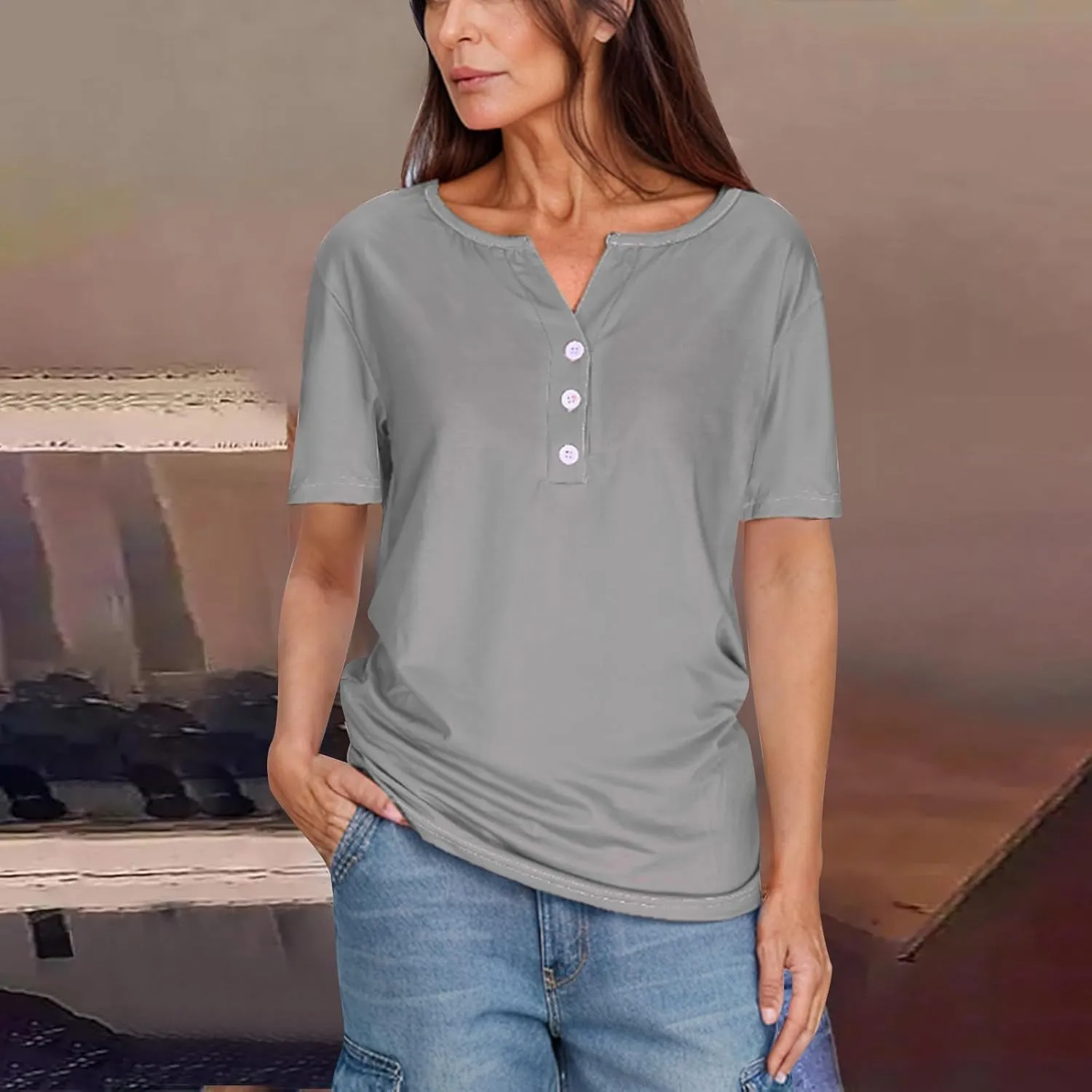 Womens Henley Tops Short Sleeve T-Shirts Button V-Neck Pullover Dressy Casual Blouse Basic Solid Color Tunic Shirt