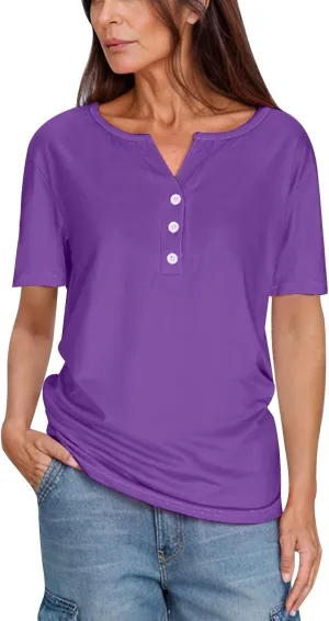 Womens Henley Tops Short Sleeve T-Shirts Button V-Neck Pullover Dressy Casual Blouse Basic Solid Color Tunic Shirt