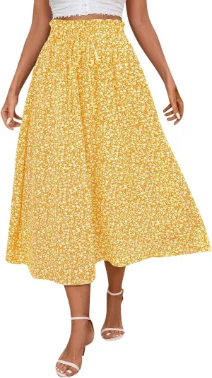 Women's High Elastic Waist Midi Skirt Casual Summer Trendy Tie Front Flowy Ruffle Floral Print A line Skirts