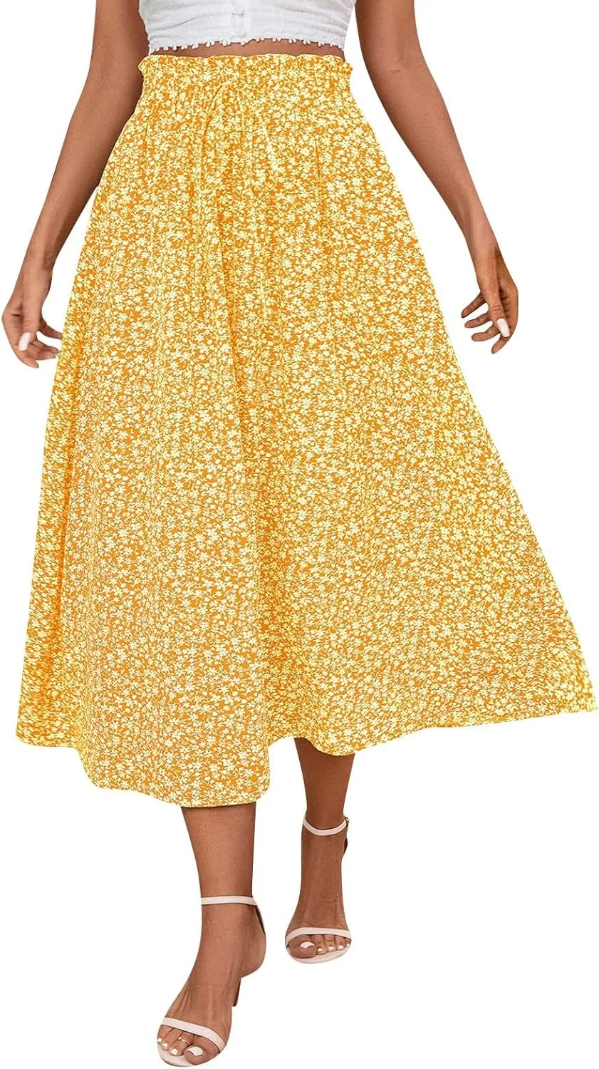 Women's High Elastic Waist Midi Skirt Casual Summer Trendy Tie Front Flowy Ruffle Floral Print A line Skirts
