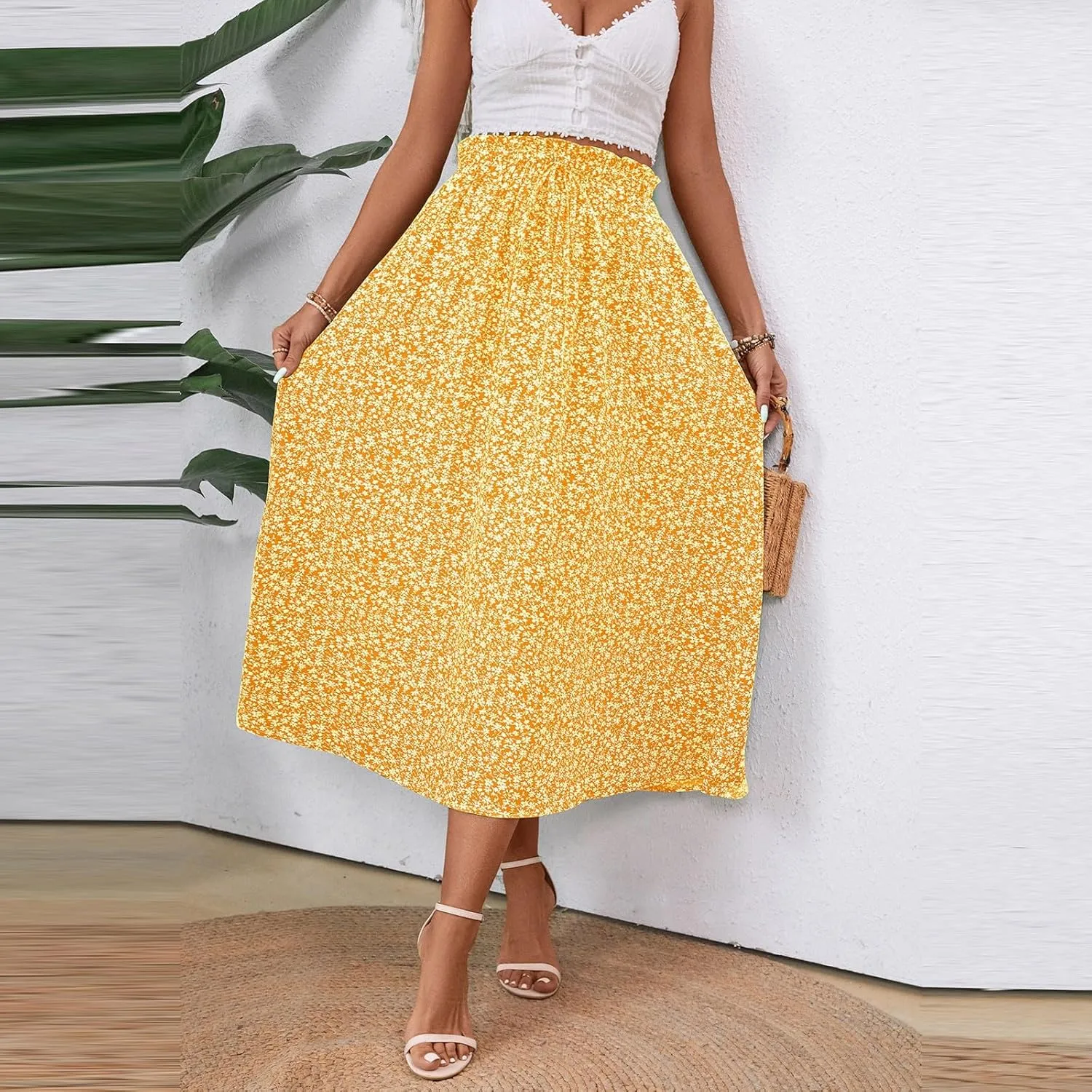 Women's High Elastic Waist Midi Skirt Casual Summer Trendy Tie Front Flowy Ruffle Floral Print A line Skirts
