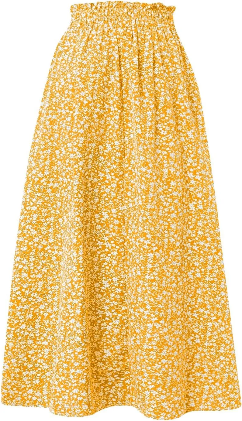 Women's High Elastic Waist Midi Skirt Casual Summer Trendy Tie Front Flowy Ruffle Floral Print A line Skirts