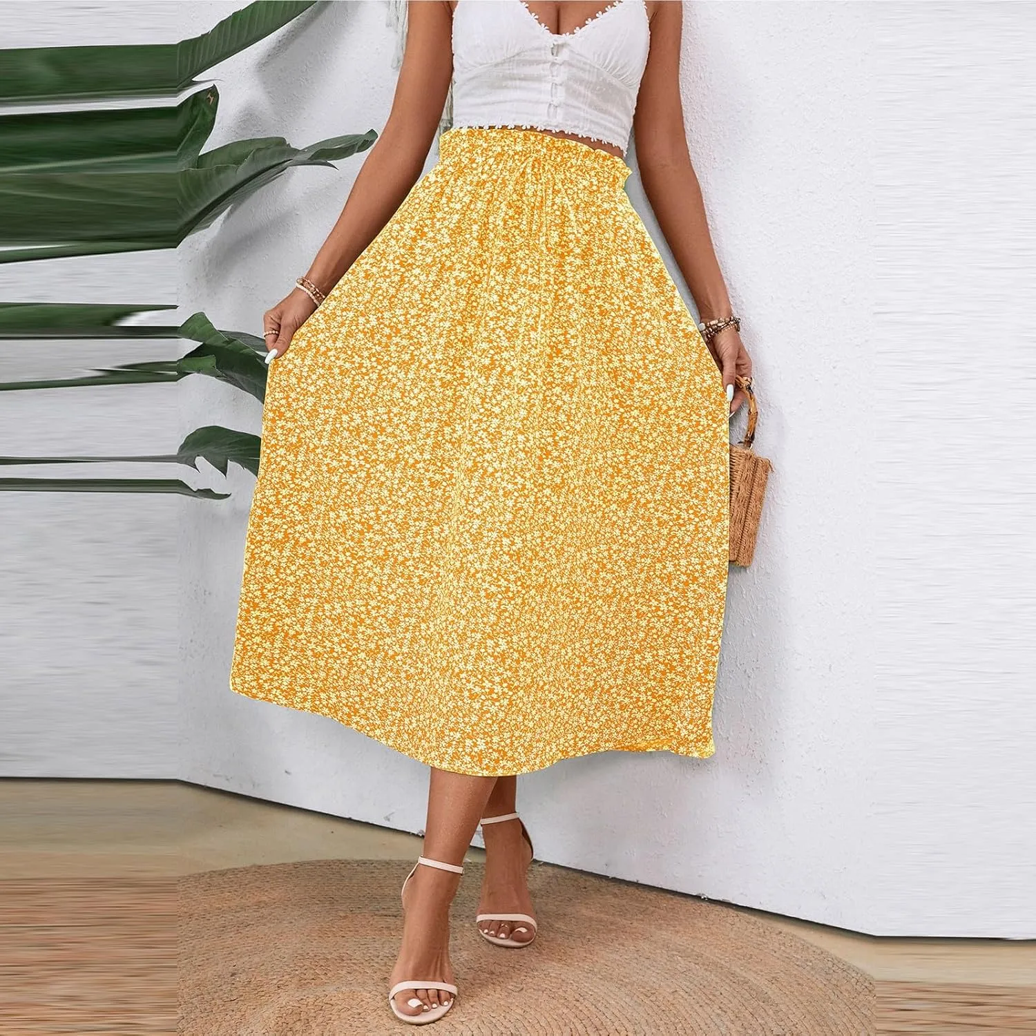 Women's High Elastic Waist Midi Skirt Casual Summer Trendy Tie Front Flowy Ruffle Floral Print A line Skirts