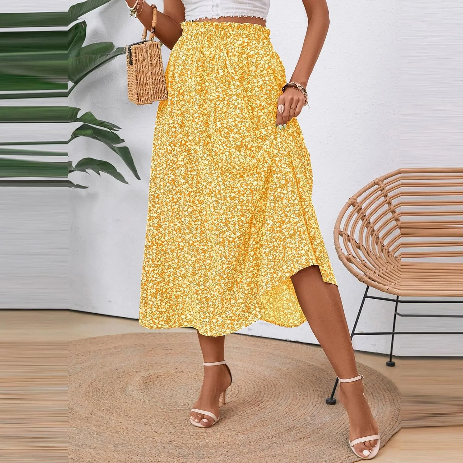 Women's High Elastic Waist Midi Skirt Casual Summer Trendy Tie Front Flowy Ruffle Floral Print A line Skirts