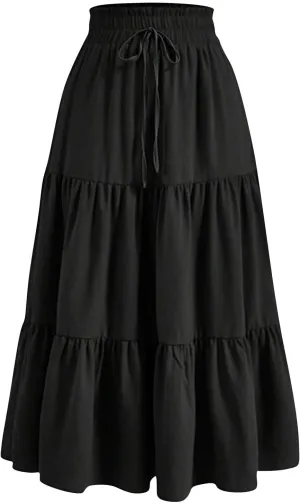 Womens High Elastic Waist Midi Skirt Summer Flowy Ruffle Pleated A line Skirts Lightweight Boho Tiered Skirt