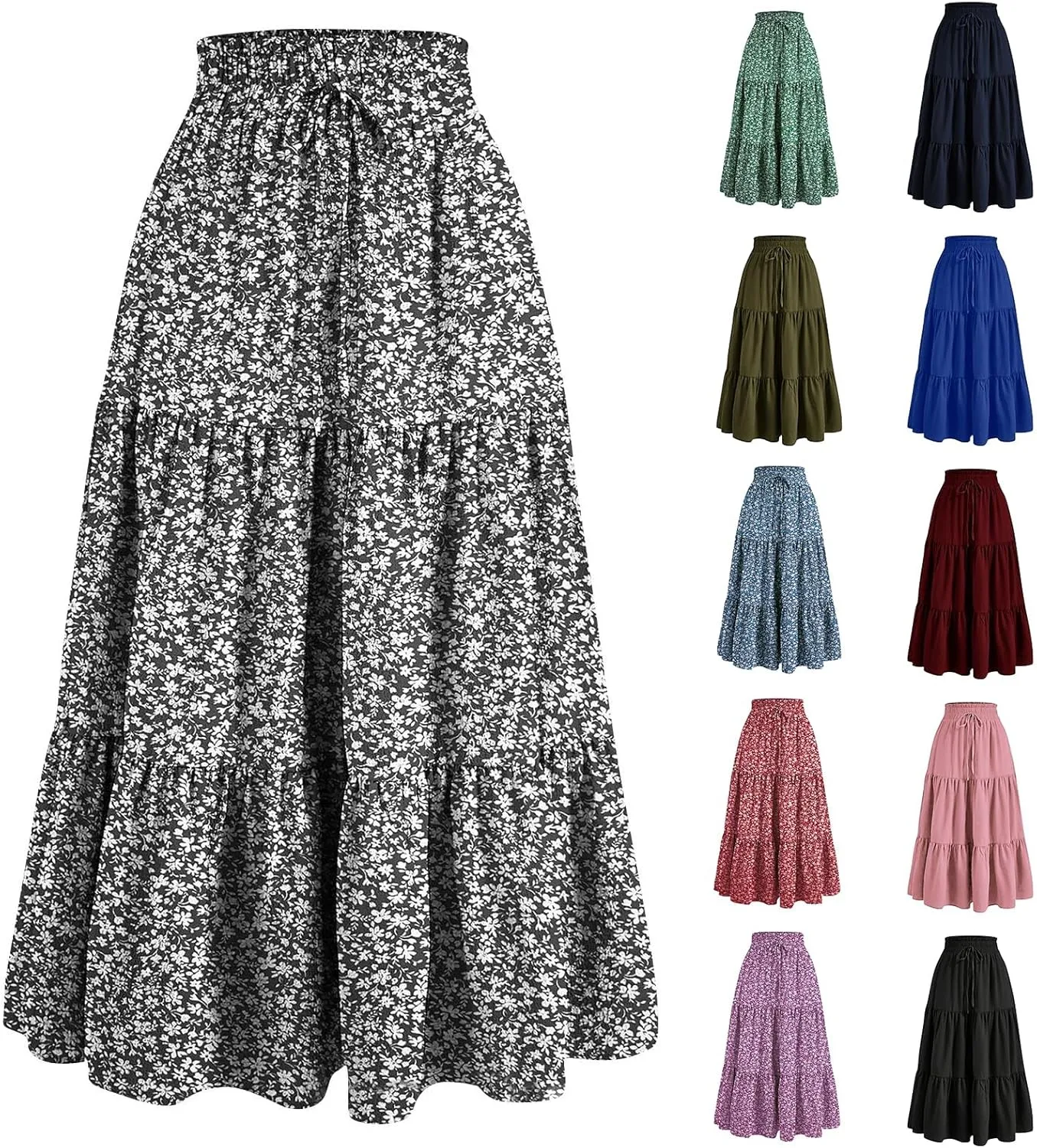 Womens High Elastic Waist Midi Skirt Summer Flowy Ruffle Pleated A line Skirts Lightweight Boho Tiered Skirt