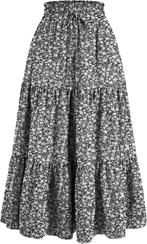 Womens High Elastic Waist Midi Skirt Summer Flowy Ruffle Pleated A line Skirts Lightweight Boho Tiered Skirt