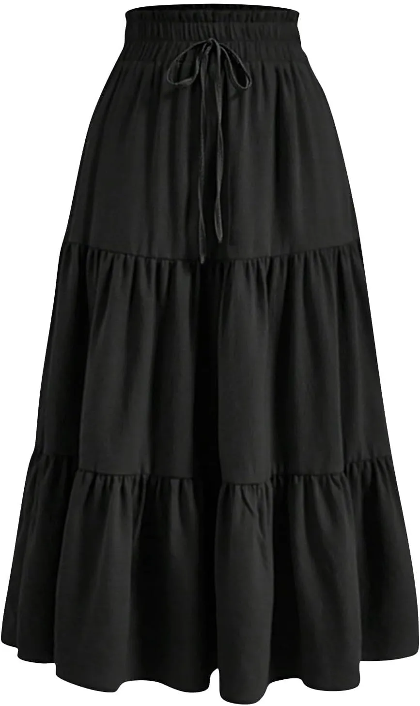 Womens High Elastic Waist Midi Skirt Summer Flowy Ruffle Pleated A line Skirts Lightweight Boho Tiered Skirt
