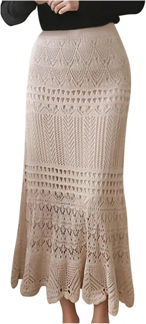 Women's High Waist Crochet Skirt Summer Beach Hollow Out Knit Patterned Lace Skirt Plus Size Stretch Bodycon Maxi Skirt