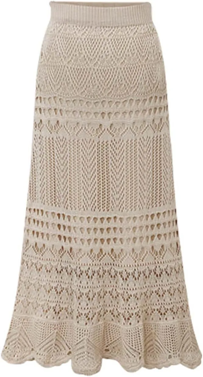 Women's High Waist Crochet Skirt Summer Beach Hollow Out Knit Patterned Lace Skirt Plus Size Stretch Bodycon Maxi Skirt