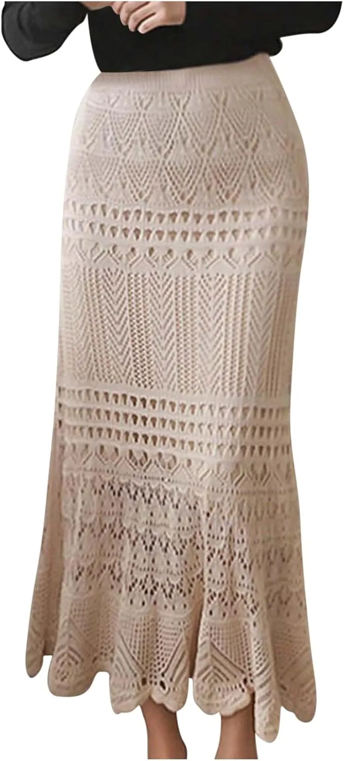 Women's High Waist Crochet Skirt Summer Beach Hollow Out Knit Patterned Lace Skirt Plus Size Stretch Bodycon Maxi Skirt