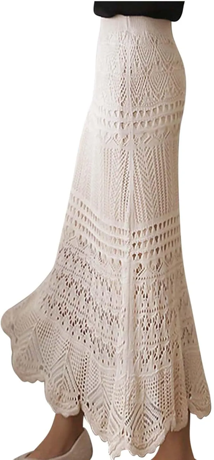 Women's High Waist Crochet Skirt Summer Beach Hollow Out Knit Patterned Lace Skirt Plus Size Stretch Bodycon Maxi Skirt