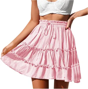 Women's High Waisted Casual Mini Skirt Drawstring Layered Frill Trim A-Line Skirts Summer Boho Flowy Beach Skirts