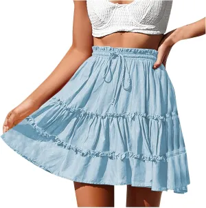 Women's High Waisted Casual Mini Skirt Drawstring Layered Frill Trim A-Line Skirts Summer Boho Flowy Beach Skirts
