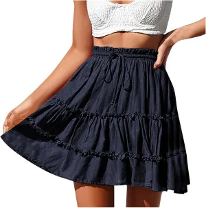 Women's High Waisted Casual Mini Skirt Drawstring Layered Frill Trim A-Line Skirts Summer Boho Flowy Beach Skirts