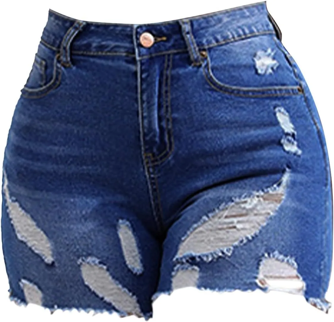 Women's High Waisted Denim Shorts Casual Ripped Summer Hot Short Jeans Frayed Distressed Slim Fit Jeans Shorts with Pockets
