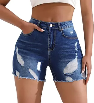 Women's High Waisted Denim Shorts Casual Ripped Summer Hot Short Jeans Frayed Distressed Slim Fit Jeans Shorts with Pockets