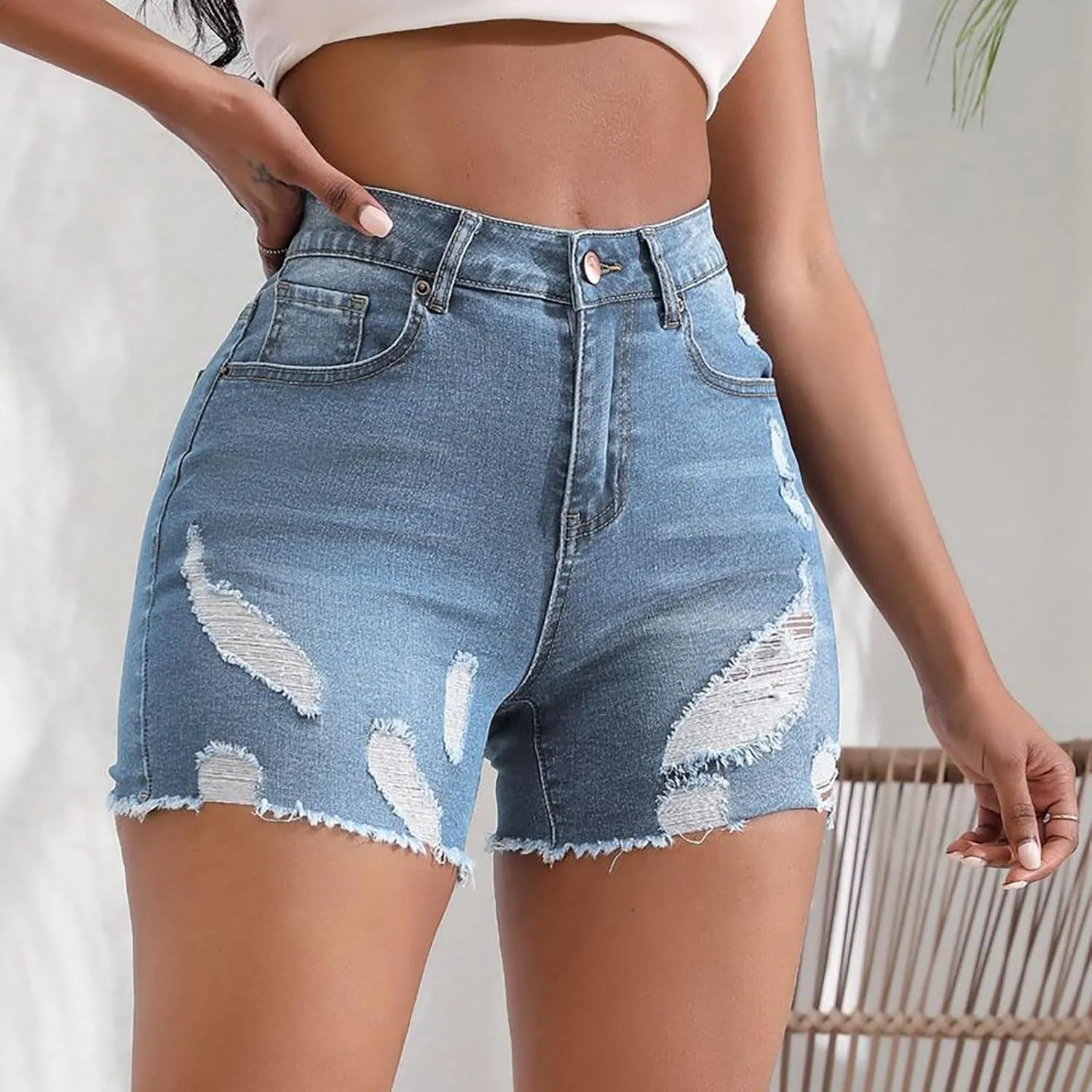 Women's High Waisted Denim Shorts Casual Ripped Summer Hot Short Jeans Frayed Distressed Slim Fit Jeans Shorts with Pockets
