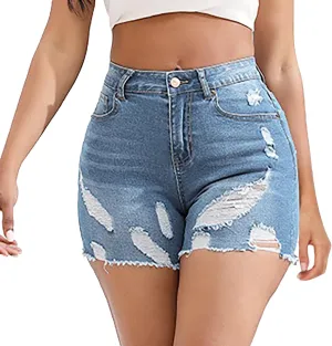 Women's High Waisted Denim Shorts Casual Ripped Summer Hot Short Jeans Frayed Distressed Slim Fit Jeans Shorts with Pockets