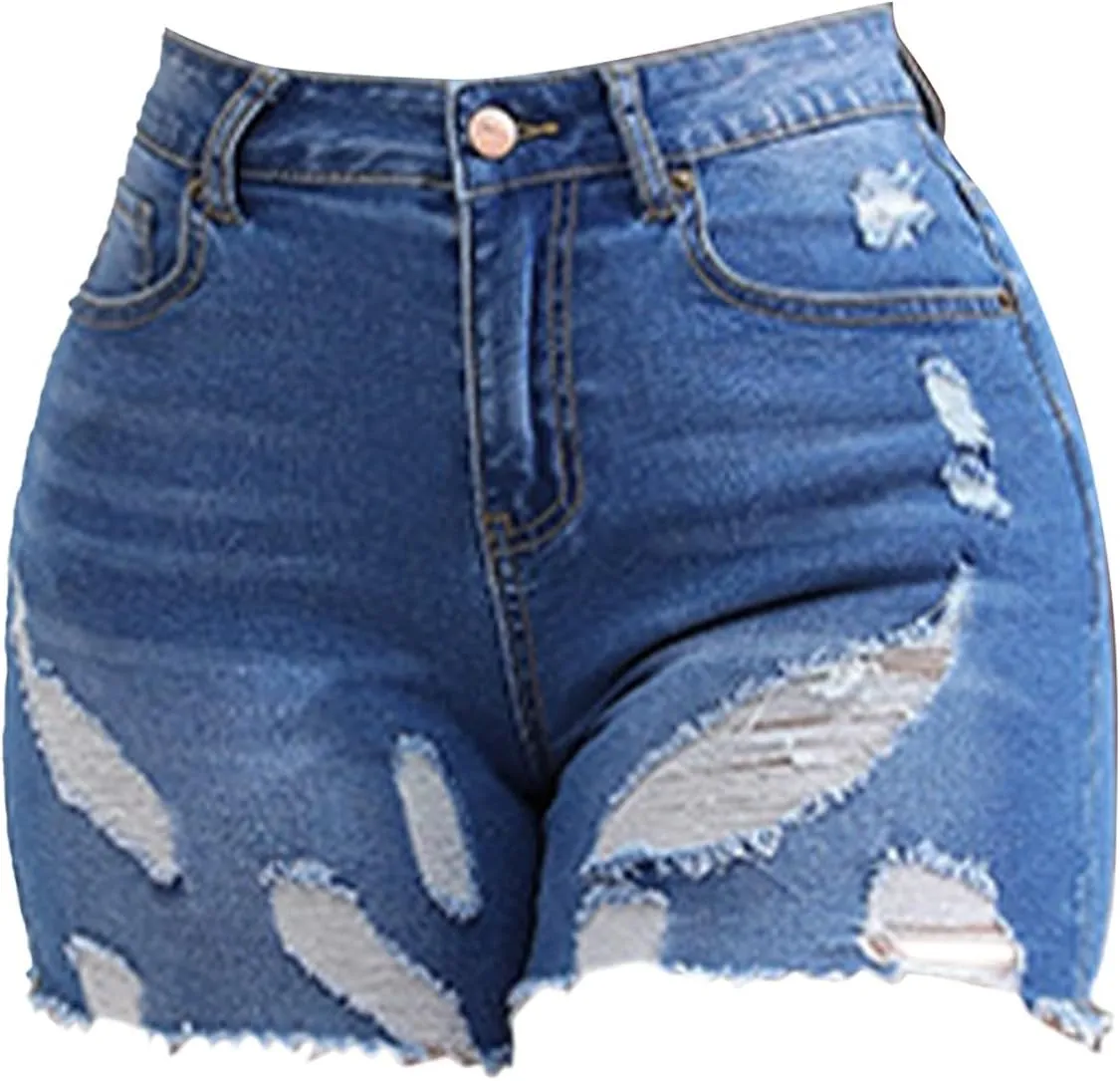 Women's High Waisted Denim Shorts Casual Ripped Summer Hot Short Jeans Frayed Distressed Slim Fit Jeans Shorts with Pockets