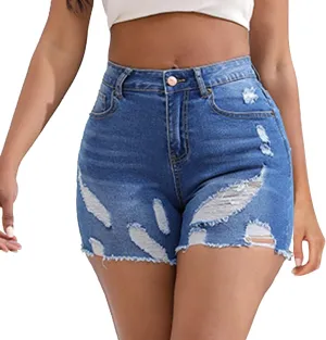 Women's High Waisted Denim Shorts Casual Ripped Summer Hot Short Jeans Frayed Distressed Slim Fit Jeans Shorts with Pockets