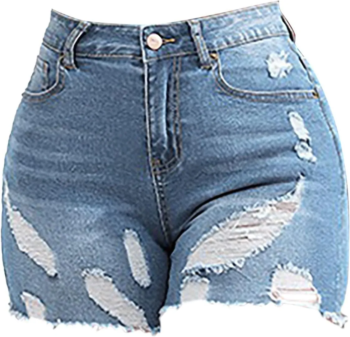 Women's High Waisted Denim Shorts Casual Ripped Summer Hot Short Jeans Frayed Distressed Slim Fit Jeans Shorts with Pockets