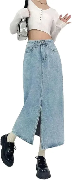 Women's High Waisted Slim Fit Straight Jeans Skirt Spring Casual Y2k Front Slit A-Line Denim Skirt
