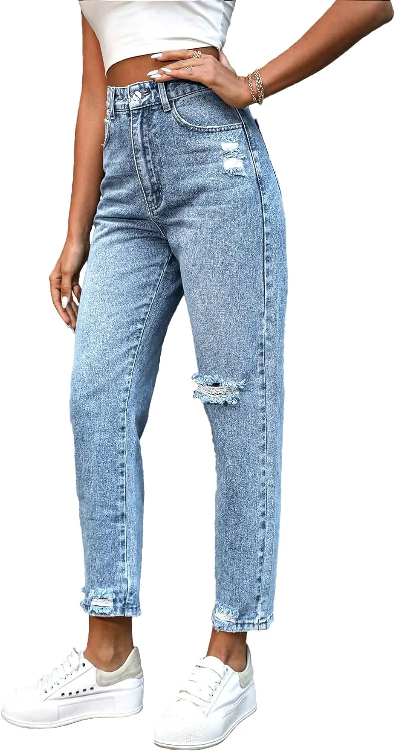 Women's Jeans Slim Fit High Waisted Distressed Ripped Jeans Frayed Raw Hem Denim Pants with Pockets