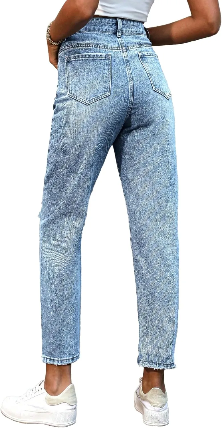 Women's Jeans Slim Fit High Waisted Distressed Ripped Jeans Frayed Raw Hem Denim Pants with Pockets