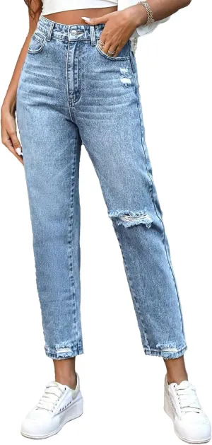 Women's Jeans Slim Fit High Waisted Distressed Ripped Jeans Frayed Raw Hem Denim Pants with Pockets